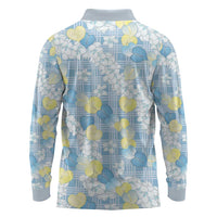 Anthurium Plumeria Lei Pastel Long Sleeve Polo Shirt Blue Hawaiian Splendid Palaka
