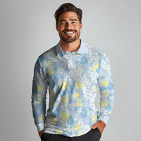 Anthurium Plumeria Lei Pastel Long Sleeve Polo Shirt Blue Hawaiian Splendid Palaka