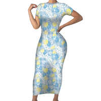 Anthurium Plumeria Lei Pastel Short Sleeve Bodycon Dress Blue Hawaiian Splendid Palaka