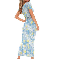 Anthurium Plumeria Lei Pastel Short Sleeve Bodycon Dress Blue Hawaiian Splendid Palaka