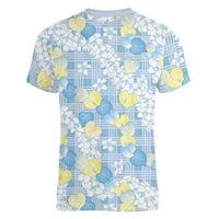 Anthurium Plumeria Lei Pastel Women V-Neck T-Shirt Blue Hawaiian Splendid Palaka LT01 - Polynesian Pride