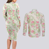 Anthurium Plumeria Lei Pastel Couples Matching Long Sleeve Bodycon Dress and Long Sleeve Button Shirt Green Hawaiian Splendid Palaka LT01 - Polynesian Pride