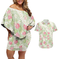 Anthurium Plumeria Lei Pastel Couples Matching Off Shoulder Short Dress and Hawaiian Shirt Green Hawaiian Splendid Palaka LT01 Green - Polynesian Pride
