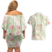 Anthurium Plumeria Lei Pastel Couples Matching Off Shoulder Short Dress and Hawaiian Shirt Green Hawaiian Splendid Palaka LT01 - Polynesian Pride