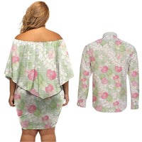 Anthurium Plumeria Lei Pastel Couples Matching Off Shoulder Short Dress and Long Sleeve Button Shirt Green Hawaiian Splendid Palaka LT01 - Polynesian Pride