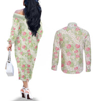 Anthurium Plumeria Lei Pastel Couples Matching Off The Shoulder Long Sleeve Dress and Long Sleeve Button Shirt Green Hawaiian Splendid Palaka LT01 - Polynesian Pride