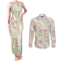 Anthurium Plumeria Lei Pastel Couples Matching Tank Maxi Dress and Long Sleeve Button Shirt Green Hawaiian Splendid Palaka LT01 Green - Polynesian Pride