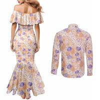 Anthurium Plumeria Lei Pastel Couples Matching Mermaid Dress and Long Sleeve Button Shirt Orange Hawaiian Splendid Palaka LT01 - Polynesian Pride