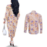 Anthurium Plumeria Lei Pastel Couples Matching Off The Shoulder Long Sleeve Dress and Long Sleeve Button Shirt Orange Hawaiian Splendid Palaka LT01 - Polynesian Pride