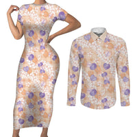 Anthurium Plumeria Lei Pastel Couples Matching Short Sleeve Bodycon Dress and Long Sleeve Button Shirt Orange Hawaiian Splendid Palaka LT01 Orange - Polynesian Pride