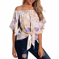 Anthurium Plumeria Lei Pastel Off Shoulder Wrap Waist Top Orange Hawaiian Splendid Palaka LT01 - Polynesian Pride