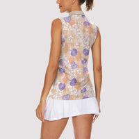 Anthurium Plumeria Lei Pastel Women Sleeveless Polo Shirt Orange Hawaiian Splendid Palaka LT01 - Polynesian Pride