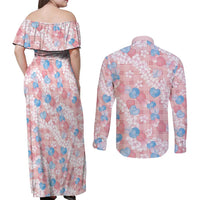 Anthurium Plumeria Lei Pastel Couples Matching Off Shoulder Maxi Dress and Long Sleeve Button Shirt Pink Hawaiian Splendid Palaka LT01 - Polynesian Pride