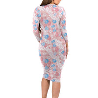 Anthurium Plumeria Lei Pastel Long Sleeve Bodycon Dress Pink Hawaiian Splendid Palaka LT01 - Polynesian Pride