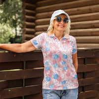Anthurium Plumeria Lei Pastel Women Polo Shirt Pink Hawaiian Splendid Palaka LT01 - Polynesian Pride