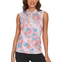 Anthurium Plumeria Lei Pastel Women Sleeveless Polo Shirt Pink Hawaiian Splendid Palaka LT01 - Polynesian Pride