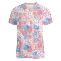 Anthurium Plumeria Lei Pastel Women V-Neck T-Shirt Pink Hawaiian Splendid Palaka LT01 Female Pink - Polynesian Pride