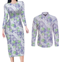 Anthurium Plumeria Lei Pastel Couples Matching Long Sleeve Bodycon Dress and Long Sleeve Button Shirt Purple Hawaiian Splendid Palaka LT01 Purple - Polynesian Pride