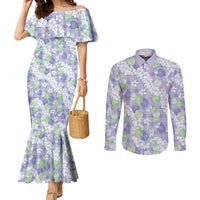 Anthurium Plumeria Lei Pastel Couples Matching Mermaid Dress and Long Sleeve Button Shirt Purple Hawaiian Splendid Palaka LT01 Purple - Polynesian Pride