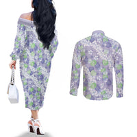 Anthurium Plumeria Lei Pastel Couples Matching Off The Shoulder Long Sleeve Dress and Long Sleeve Button Shirt Purple Hawaiian Splendid Palaka LT01 - Polynesian Pride