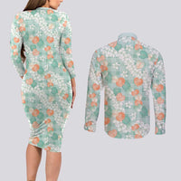 Anthurium Plumeria Lei Pastel Couples Matching Long Sleeve Bodycon Dress and Long Sleeve Button Shirt Teal Hawaiian Splendid Palaka LT01 - Polynesian Pride