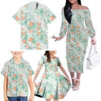 Anthurium Plumeria Lei Pastel Family Matching Off The Shoulder Long Sleeve Dress and Hawaiian Shirt Teal Hawaiian Splendid Palaka LT01 - Polynesian Pride