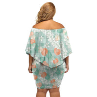 Anthurium Plumeria Lei Pastel Family Matching Off Shoulder Short Dress and Hawaiian Shirt Teal Hawaiian Splendid Palaka LT01 - Polynesian Pride