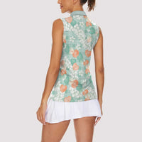 Anthurium Plumeria Lei Pastel Women Sleeveless Polo Shirt Teal Hawaiian Splendid Palaka LT01 - Polynesian Pride