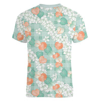 Anthurium Plumeria Lei Pastel Women V-Neck T-Shirt Teal Hawaiian Splendid Palaka LT01 - Polynesian Pride