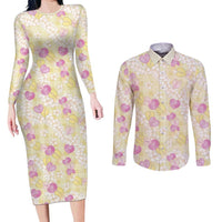 Anthurium Plumeria Lei Pastel Couples Matching Long Sleeve Bodycon Dress and Long Sleeve Button Shirt Yellow Hawaiian Splendid Palaka LT01 Yellow - Polynesian Pride