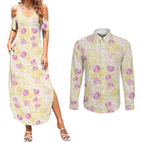 Anthurium Plumeria Lei Pastel Couples Matching Summer Maxi Dress and Long Sleeve Button Shirt Yellow Hawaiian Splendid Palaka LT01 Yellow - Polynesian Pride