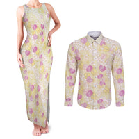 Anthurium Plumeria Lei Pastel Couples Matching Tank Maxi Dress and Long Sleeve Button Shirt Yellow Hawaiian Splendid Palaka LT01 Yellow - Polynesian Pride