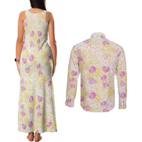 Anthurium Plumeria Lei Pastel Couples Matching Tank Maxi Dress and Long Sleeve Button Shirt Yellow Hawaiian Splendid Palaka LT01 - Polynesian Pride