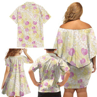 Anthurium Plumeria Lei Pastel Family Matching Off Shoulder Short Dress and Hawaiian Shirt Yellow Hawaiian Splendid Palaka LT01 - Polynesian Pride