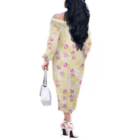 Anthurium Plumeria Lei Pastel Off The Shoulder Long Sleeve Dress Yellow Hawaiian Splendid Palaka LT01 - Polynesian Pride