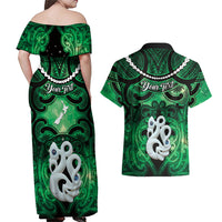 Personalised Maori Matariki Manaia Kakariki Couples Matching Off Shoulder Maxi Dress and Hawaiian Shirt Maori Kowhaiwhai Pattern Galaxy LT01 - Polynesian Pride