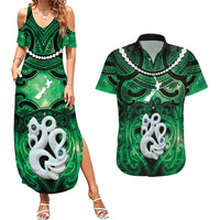 Personalised Maori Matariki Manaia Kakariki Couples Matching Summer Maxi Dress and Hawaiian Shirt Maori Kowhaiwhai Pattern Galaxy LT01 Green - Polynesian Pride