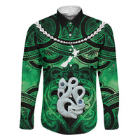 Personalised Maori Matariki Manaia Kakariki Family Matching Long Sleeve Bodycon Dress and Hawaiian Shirt Maori Kowhaiwhai Pattern Galaxy LT01 Dad's Shirt - Long Sleeve Green - Polynesian Pride