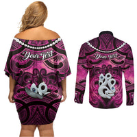 Personalised Maori Matariki Manaia Mawhero Couples Matching Off Shoulder Short Dress and Long Sleeve Button Shirt Maori Kowhaiwhai Pattern Galaxy LT01 - Polynesian Pride