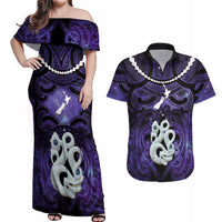 Personalised Maori Matariki Manaia Waiporoporo Couples Matching Off Shoulder Maxi Dress and Hawaiian Shirt Maori Kowhaiwhai Pattern Galaxy LT01 Purple - Polynesian Pride