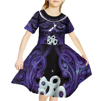 Personalised Maori Matariki Manaia Waiporoporo Kid Short Sleeve Dress Maori Kowhaiwhai Pattern Galaxy LT01 - Polynesian Pride
