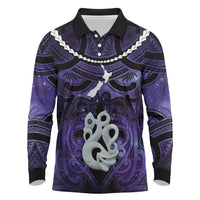 Personalised Maori Matariki Manaia Waiporoporo Long Sleeve Polo Shirt Maori Kowhaiwhai Pattern Galaxy LT01 Purple - Polynesian Pride