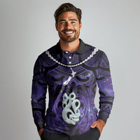 Personalised Maori Matariki Manaia Waiporoporo Long Sleeve Polo Shirt Maori Kowhaiwhai Pattern Galaxy LT01 - Polynesian Pride