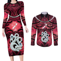 Personalised Maori Matariki Manaia Whero Couples Matching Long Sleeve Bodycon Dress and Long Sleeve Button Shirt Maori Kowhaiwhai Pattern Galaxy LT01 Red - Polynesian Pride