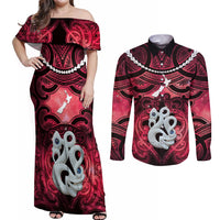 Personalised Maori Matariki Manaia Whero Couples Matching Off Shoulder Maxi Dress and Long Sleeve Button Shirt Maori Kowhaiwhai Pattern Galaxy LT01 Red - Polynesian Pride
