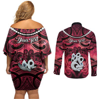 Personalised Maori Matariki Manaia Whero Couples Matching Off Shoulder Short Dress and Long Sleeve Button Shirt Maori Kowhaiwhai Pattern Galaxy LT01 - Polynesian Pride