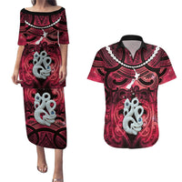Personalised Maori Matariki Manaia Whero Couples Matching Puletasi and Hawaiian Shirt Maori Kowhaiwhai Pattern Galaxy LT01 Red - Polynesian Pride
