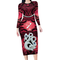 Personalised Maori Matariki Manaia Whero Long Sleeve Bodycon Dress Maori Kowhaiwhai Pattern Galaxy LT01 Long Dress Red - Polynesian Pride