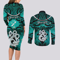 Personalised Maori Matariki Manaia Turquoise Couples Matching Long Sleeve Bodycon Dress and Long Sleeve Button Shirt Maori Kowhaiwhai Pattern Galaxy LT01 - Polynesian Pride