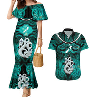 Personalised Maori Matariki Manaia Turquoise Couples Matching Mermaid Dress and Hawaiian Shirt Maori Kowhaiwhai Pattern Galaxy LT01 Turquoise - Polynesian Pride